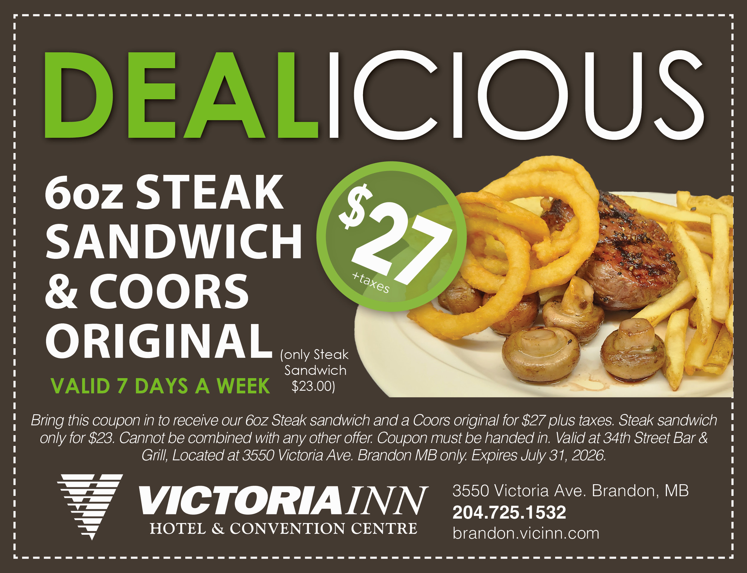 34th Street Coupon - purchase two dinner entree's and receive a Free Appetizer - Valid until November 30, 2025